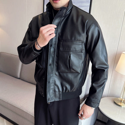 Herren Lederjacke Elegant mit Taschen Schwarz - BerlinGlamour