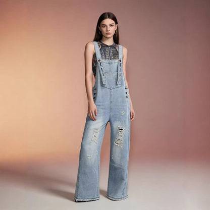 Damen Latzhose Jeans Weitbein Riss Effekt