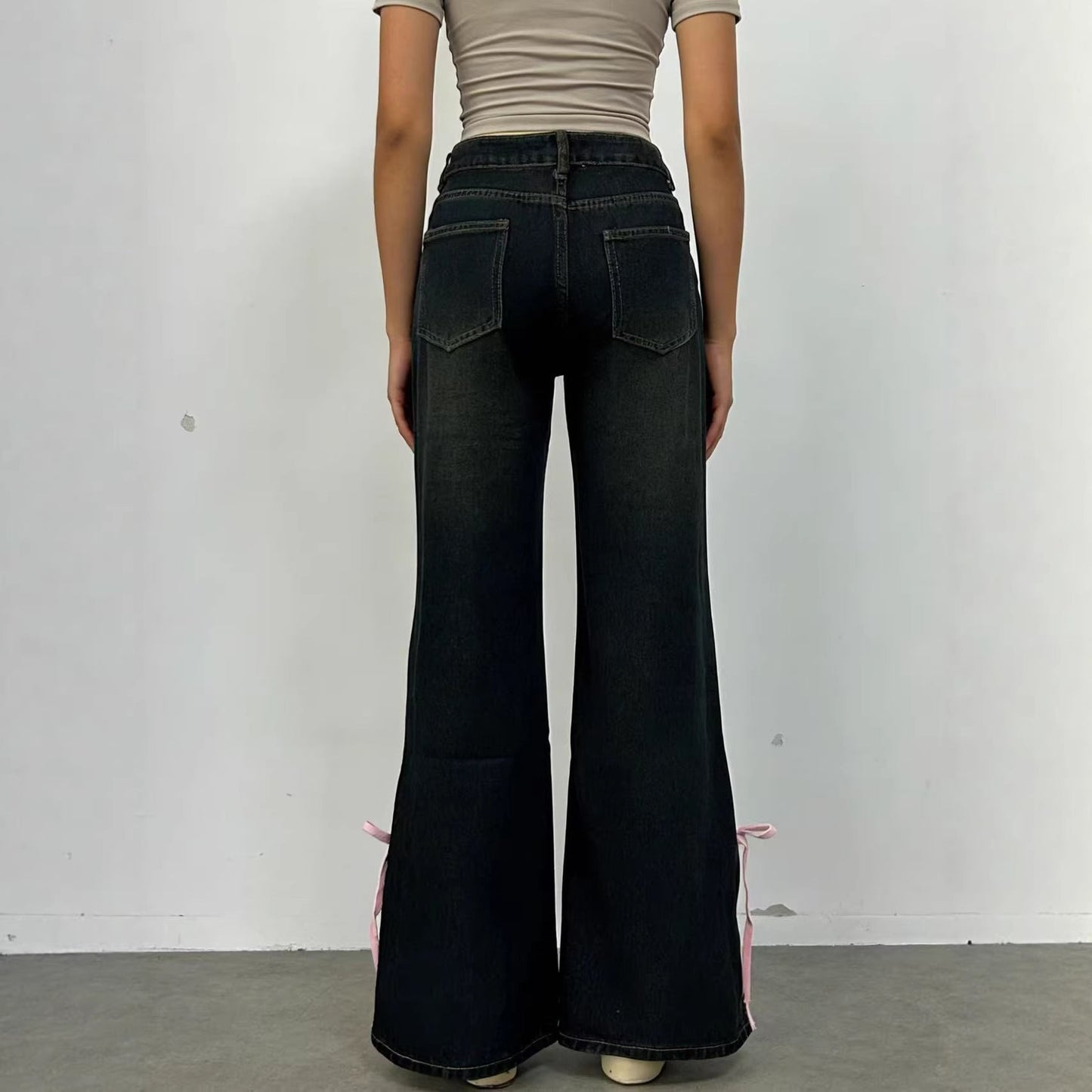 Damen Jeans Weite Bein Schnürung Dekorativ