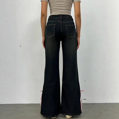 Damen Jeans Weite Bein Schnürung Dekorativ