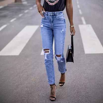 Hohe Damen Jeans High Waist Zerrissene Destroyed Style