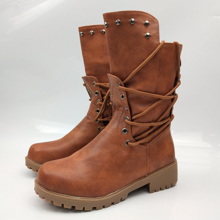 Damen Schnürstiefel Robust Nieten Stiefel Schwarz