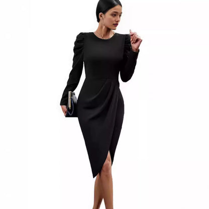 Elegantes Damen Wickelkleid mit Puffärmeln und Asymmetrie