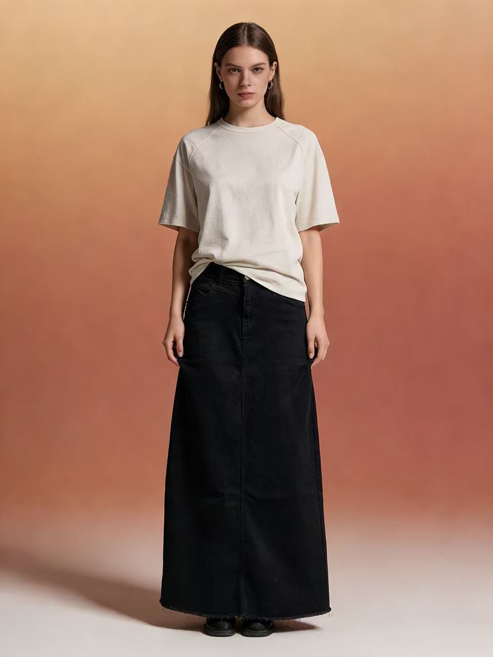Damen Maxi-Rock Jeans Hochwerder mit Fransen