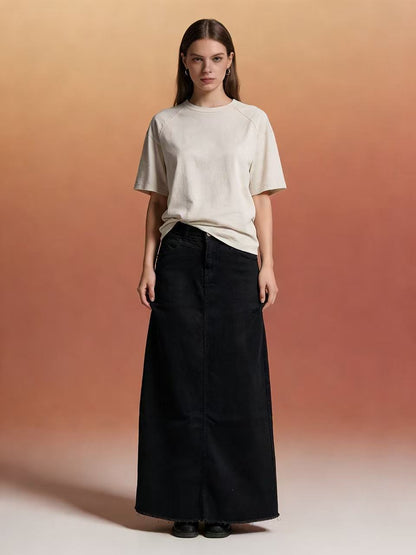 Damen Maxi-Rock Jeans Hochwerder mit Fransen