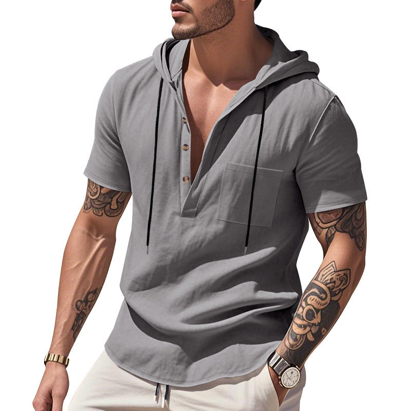 Herren Hoodie Kurzarm Hemd Kapuze Knopfleiste Trendig