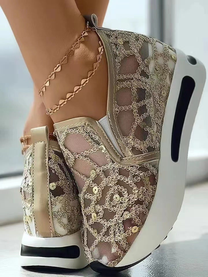 Damen Sneaker Netzdesign Glitzer Schuhe Modisch