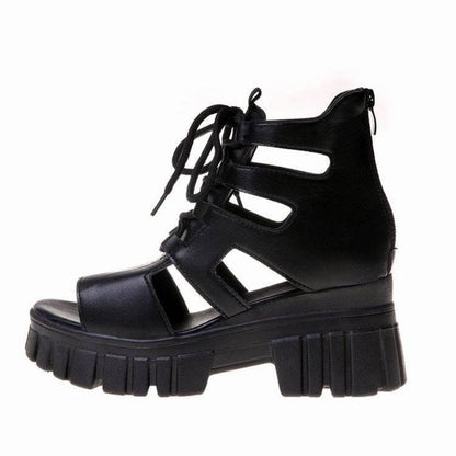 Damen Blockabsatz Sandalen Hochfrontig Schnürsenkel Robust