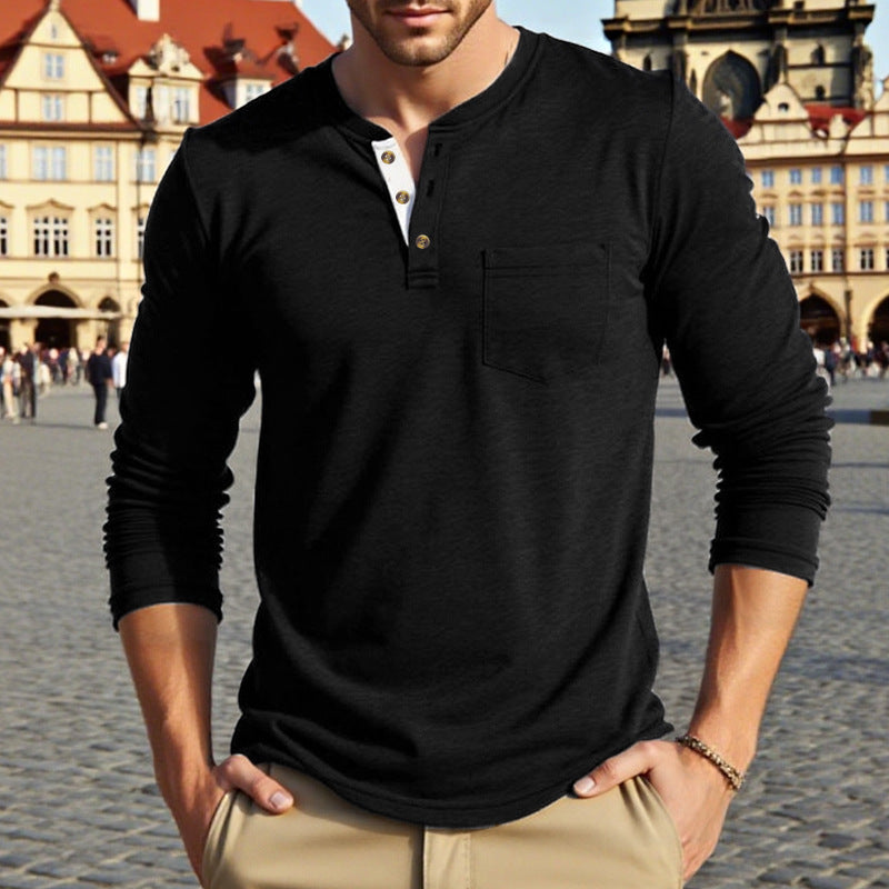 Herren Langarm-Shirt Modern Knopfdesign Brusttasche