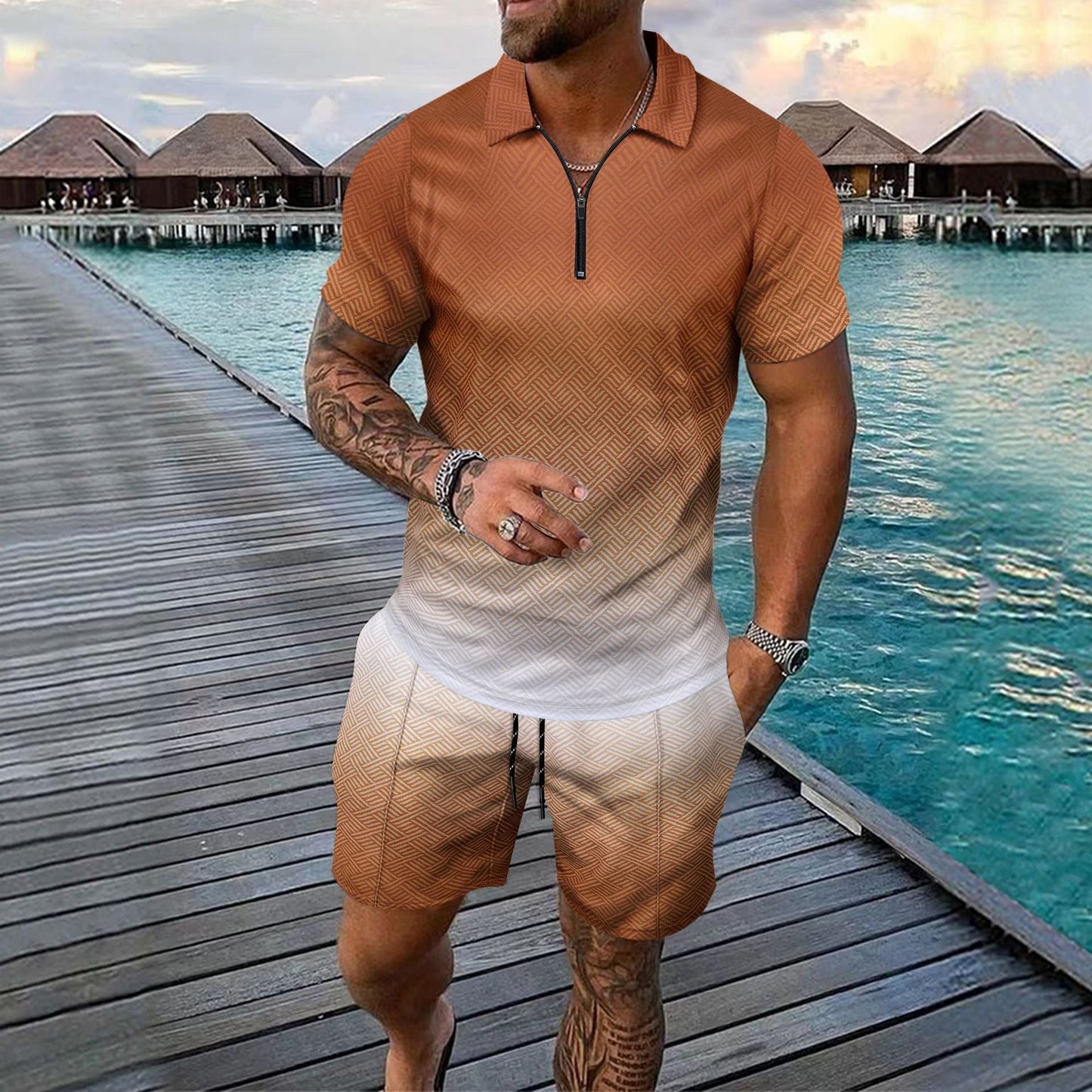 Herren Sportoberteil Kurzarm mit Reißverschluss und Sportshorts