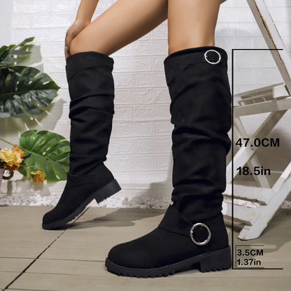 Damen Stiefel Hoch mit Rüschen Design und Riemen Schwarz