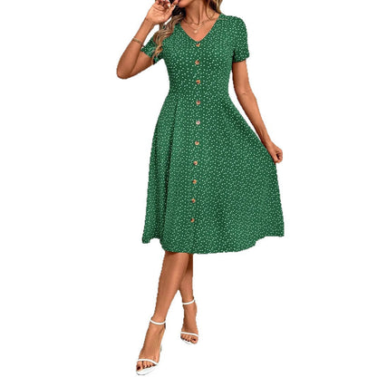 Knielanges Damenkleid V-Ausschnitt Dekorativ Knöpfe Elegant
