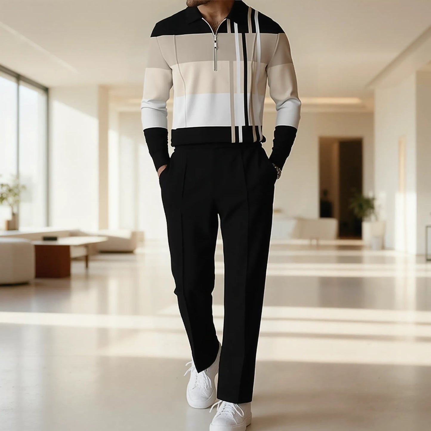 Herren Langarmshirt Modern mit Reißverschluss Blockdesign