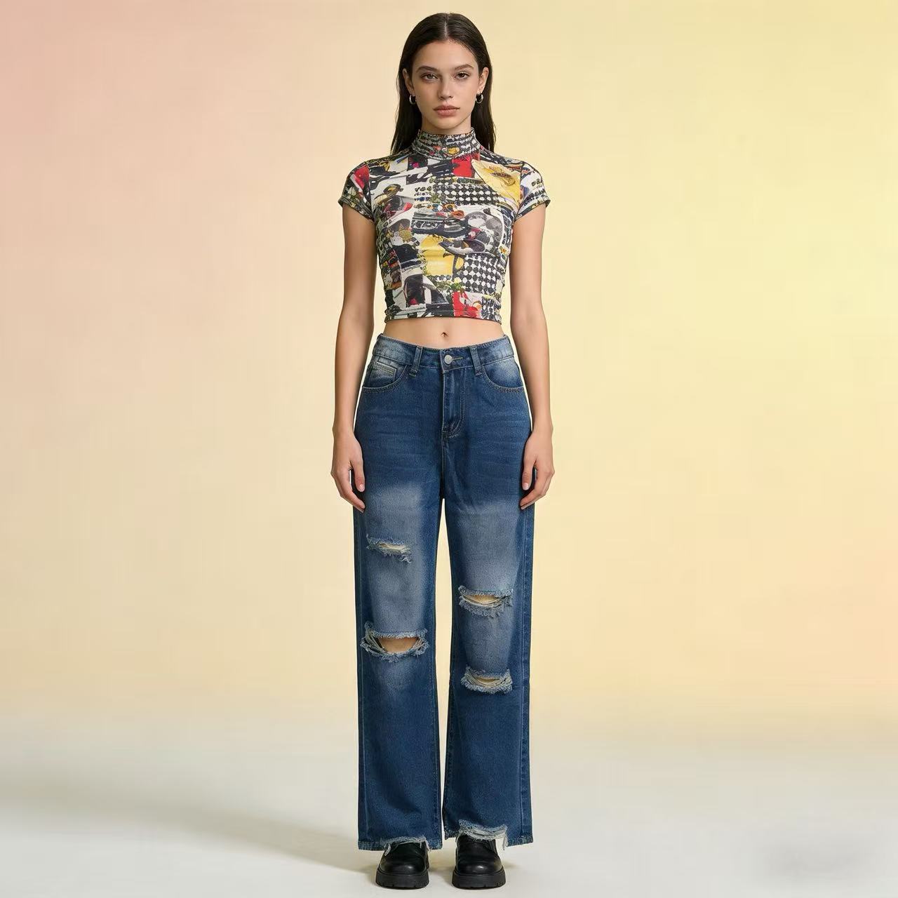 Weite Damen Jeans Ripped High Waist