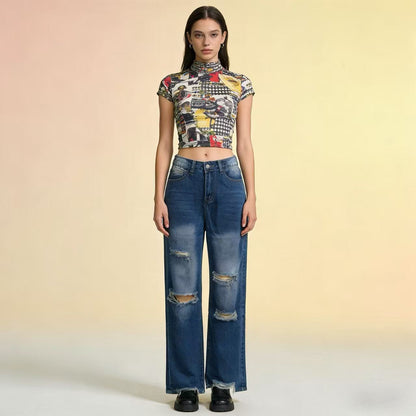 Weite Damen Jeans Ripped High Waist