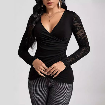 Damen Oberteil Mit Chic Wickelstil Und Spitzen Ärmeln Elegant