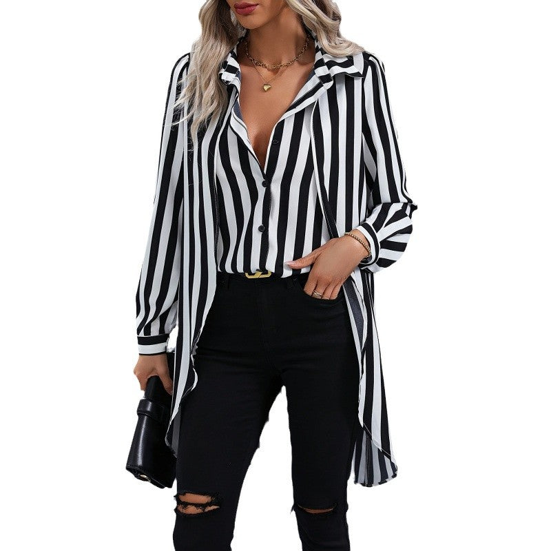 Damen Hemdbluse Langarm Streifenmuster Asymmetrisch Modern