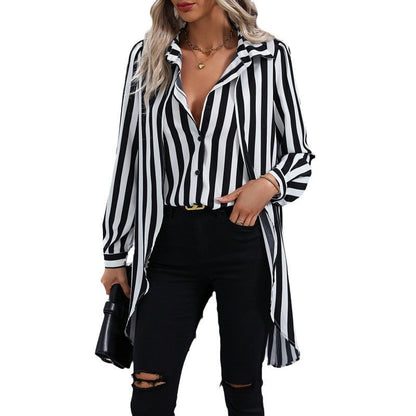 Damen Hemdbluse Langarm Streifenmuster Asymmetrisch Modern