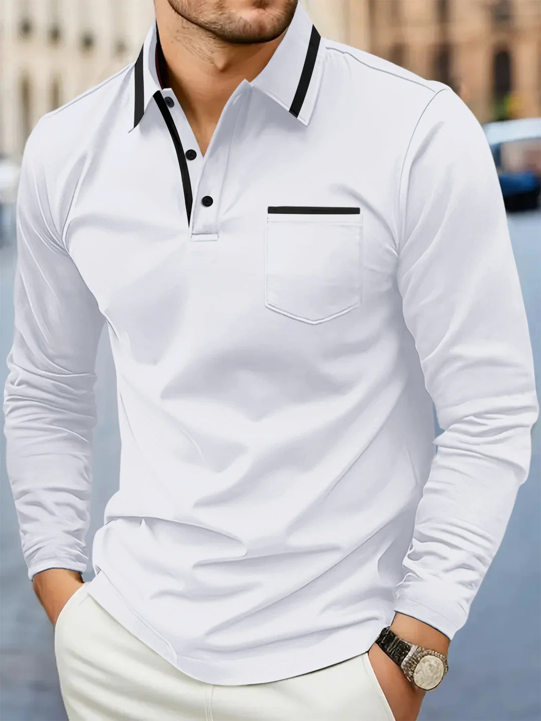 Herren Polohemd Langarm Modern Kontrastkragen Slimfit
