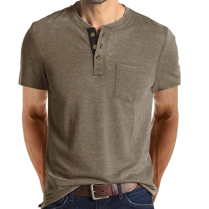 Herren T-Shirt Henley Style Knopfleiste Brusttasche Casual