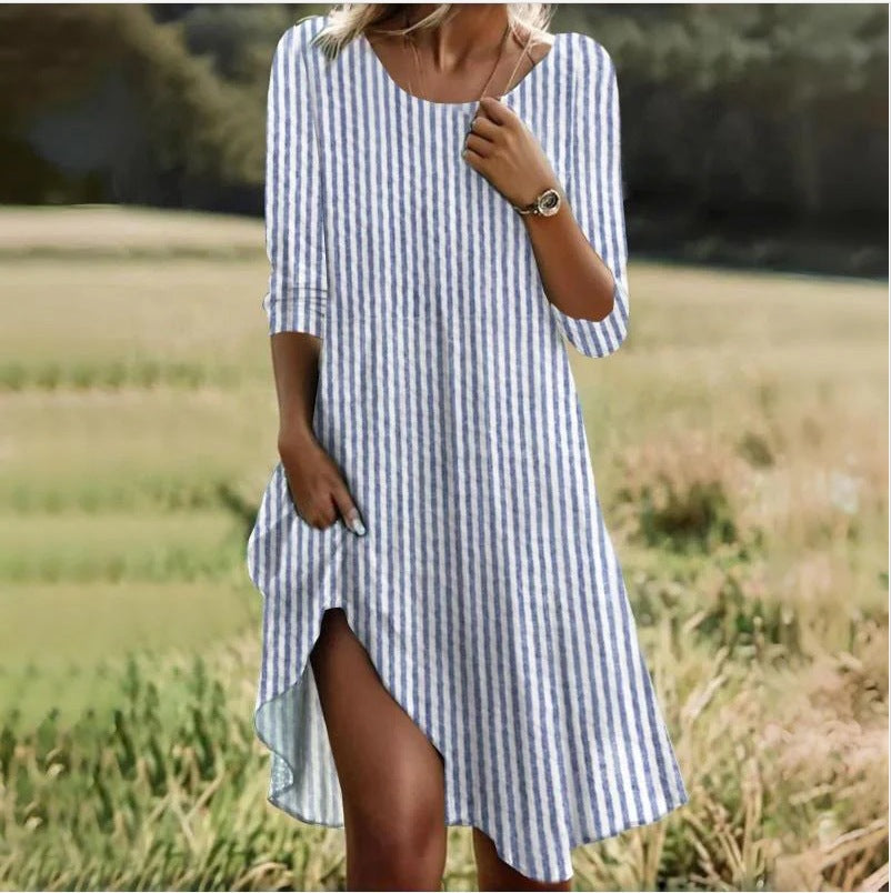 Damen Freizeitkleid Streifenmuster Schlitz Seitenschlitz Sommerkleid - BerlinGlamour