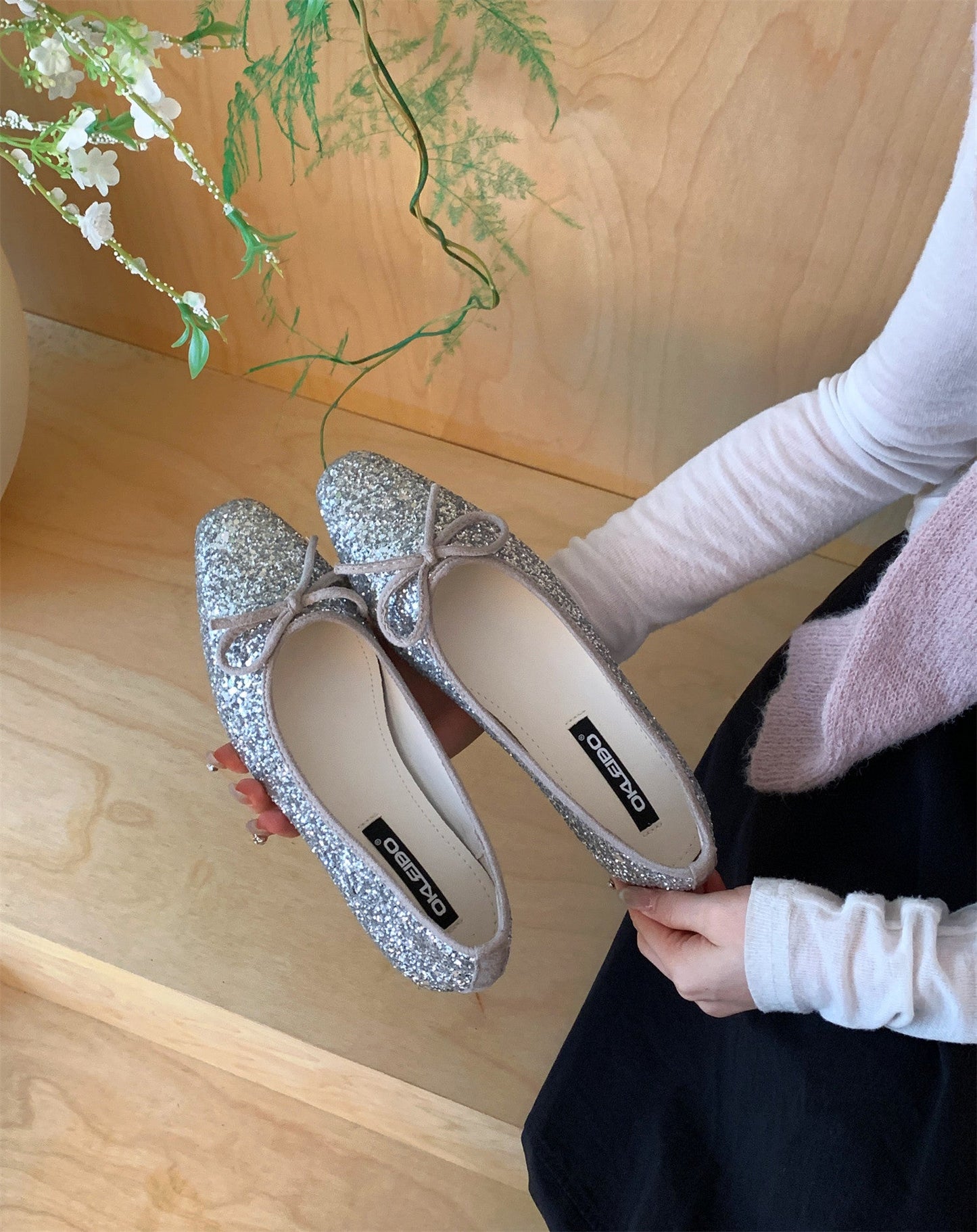 Damen Ballerinas Glitzer Schleife Komfort Innensohle