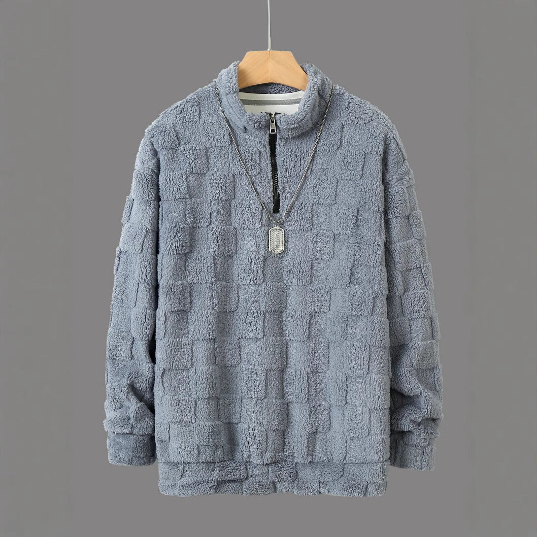 BerlinGlamour, herren kuscheliger Fleece-Pullover mit Stehkragen und Reißverschluss.