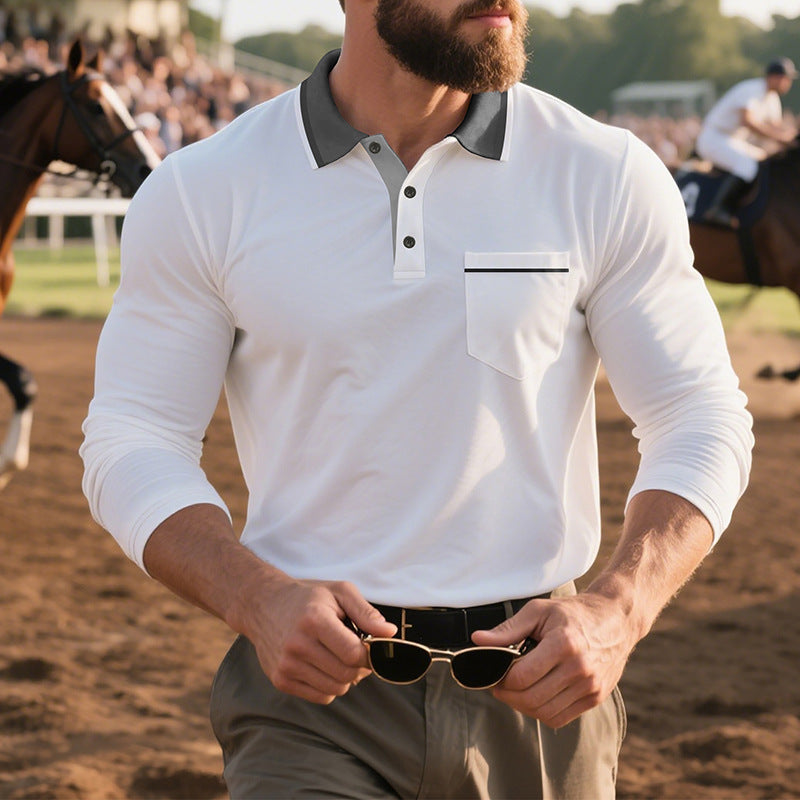 Herren Polohemd Langarm Elegant mit Reverskragen und Brusttasche