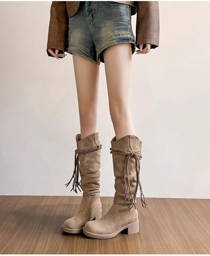 Damen Stiefel Lässig Falten Design mit Fransen Schwarz