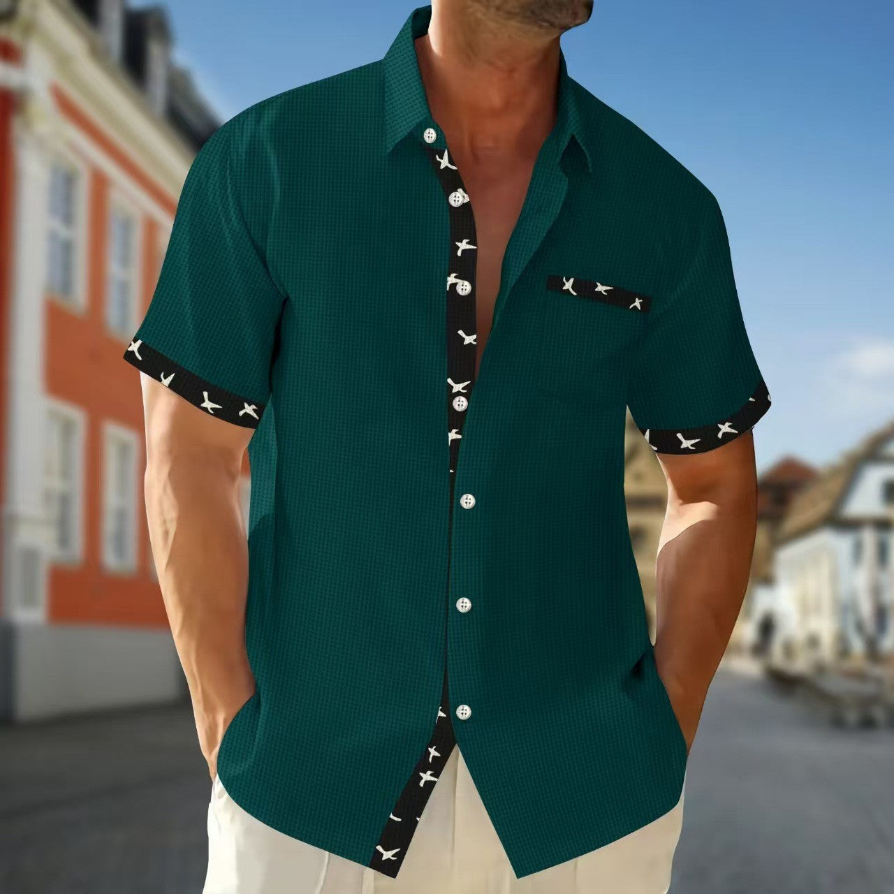 Herren Hemd Kurzarm Modisch Mit Kontrastdetails