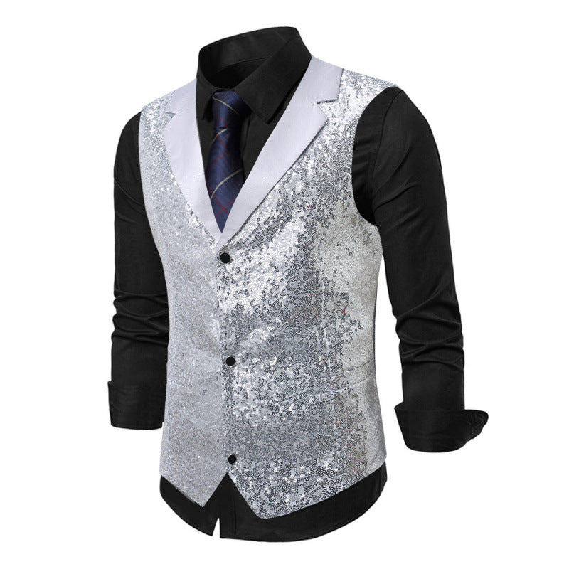 Herren Weste Glitter Pailletten Satin Schwarz