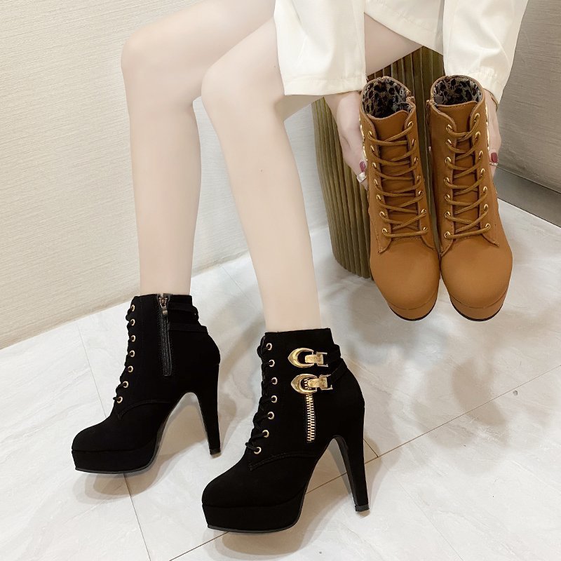 Damen Stiefeletten Schnürhalbschuhe mit Gold-Detail