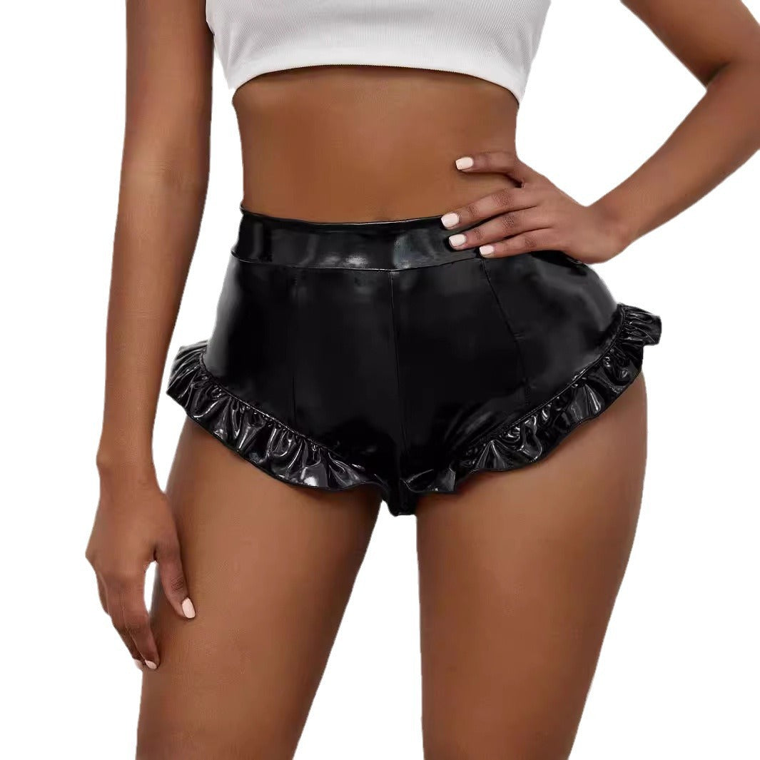 Damen Shorts Hochwertiges Kunstleder Rüschen Detail Höher Bund