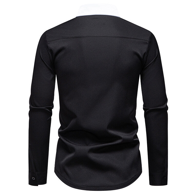 Herren Langarmshirt Modern Stehkragen Kontrastpaspel Trendy