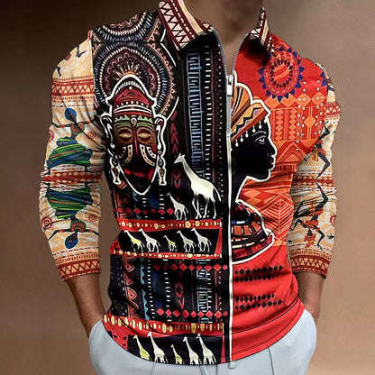 Herren Zip-Up Shirt Ethno Design Elastisch Modern - BerlinGlamour