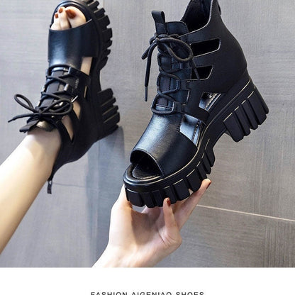 Damen Blockabsatz Sandalen Hochfrontig Schnürsenkel Robust