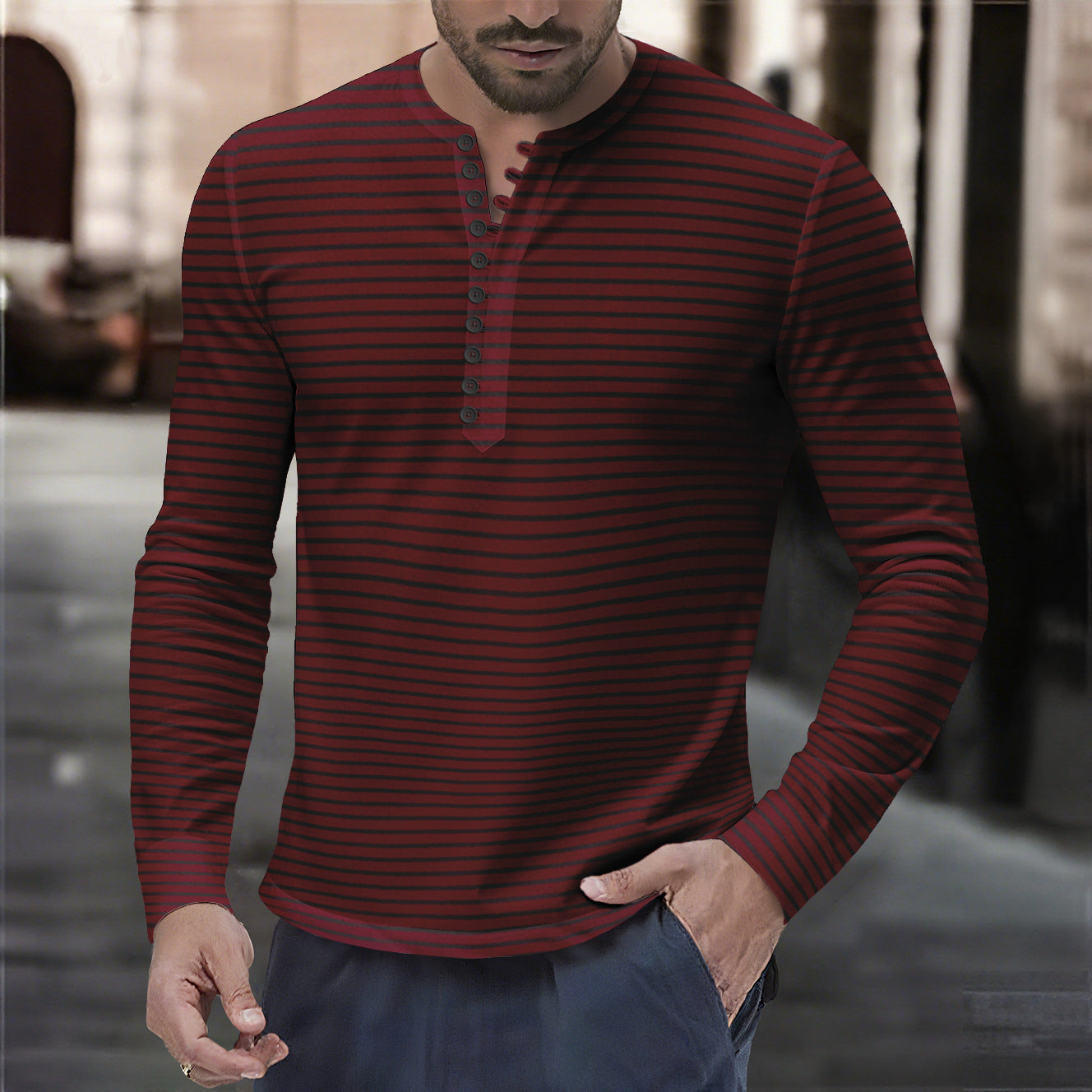 Herren Langarmshirt Modern Kragen Knopfleiste Slim Fit - BerlinGlamour