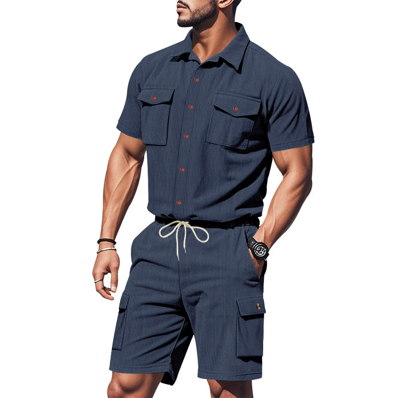 Herren Kurzarm-Shirt und Cargo-Shorts Set Modern Elastisch Mit Taschen