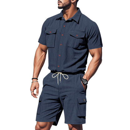 Herren Kurzarm-Shirt und Cargo-Shorts Set Modern Elastisch Mit Taschen