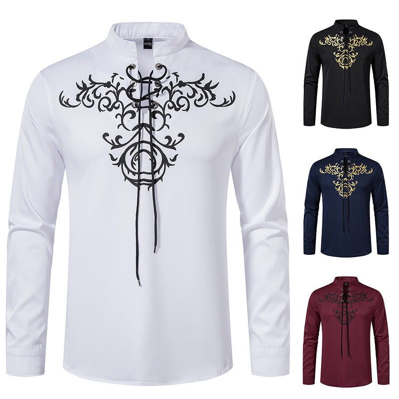 Herren Langarmshirt Asiatisch Modern Schnürung Design