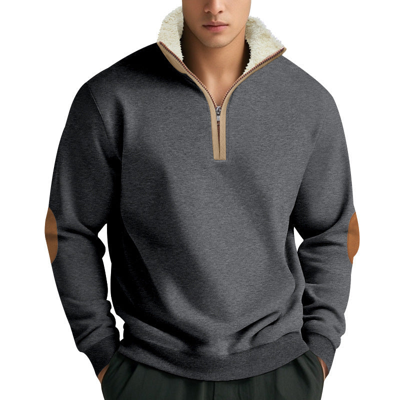 Herren Fleecepullover Modern mit Halb-Reißverschluss und Kontrast Ellenbogen