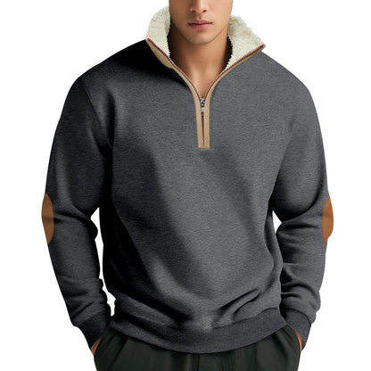 Herren Fleecepullover Modern mit Halb-Reißverschluss und Kontrast Ellenbogen