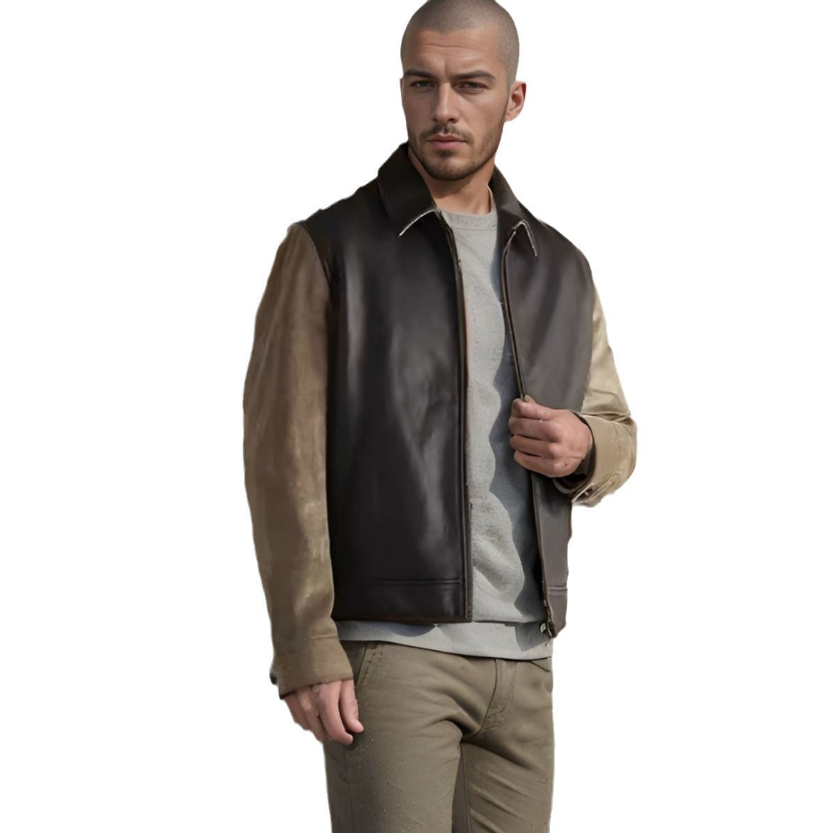 Herren Lederjacke Bikerstyle Mit Cord Ärmeln Elegant Schwarz