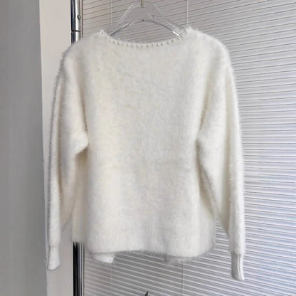 Damen Strickjacke Flauschig mit Perlen Verzierung
