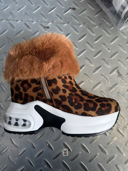 Damen Stiefel Sneaker mit Weichem Fellkragen Trendy Reißverschluss