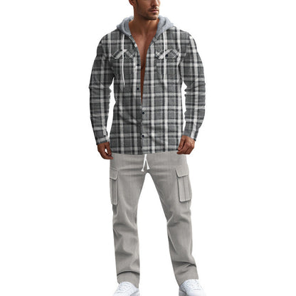 Herren Flanellhemd Kapuze Brusttaschen Warm