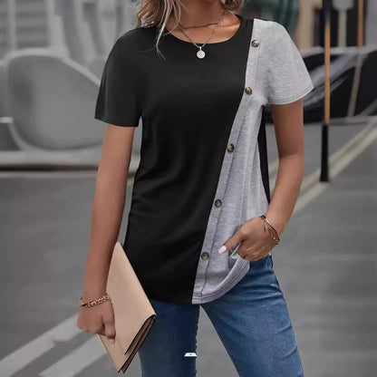 Damen T-Shirt Kurzarm Asymmetrisch Knöpfe Trendig