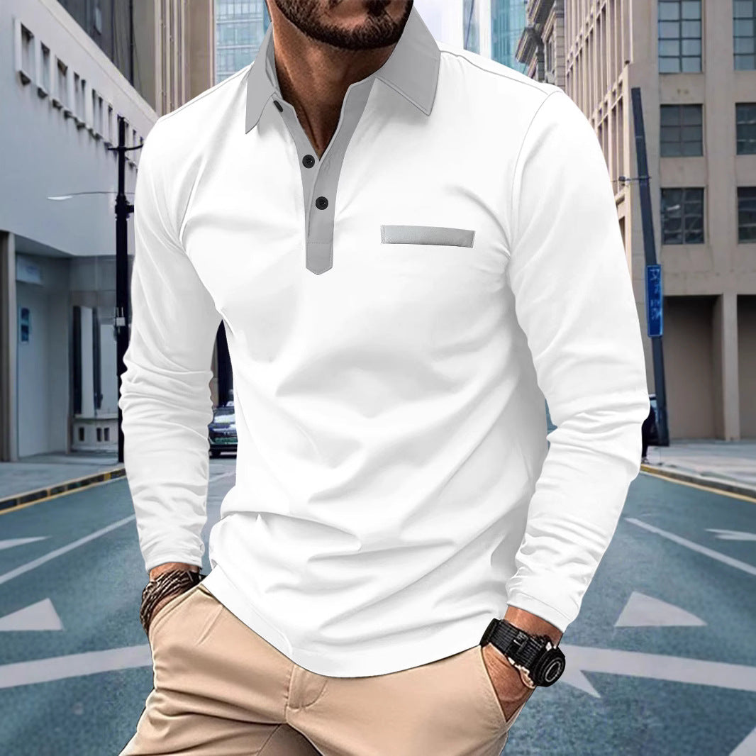 Herren Poloshirt Langarm Modern Stehkragen Kontrast Design