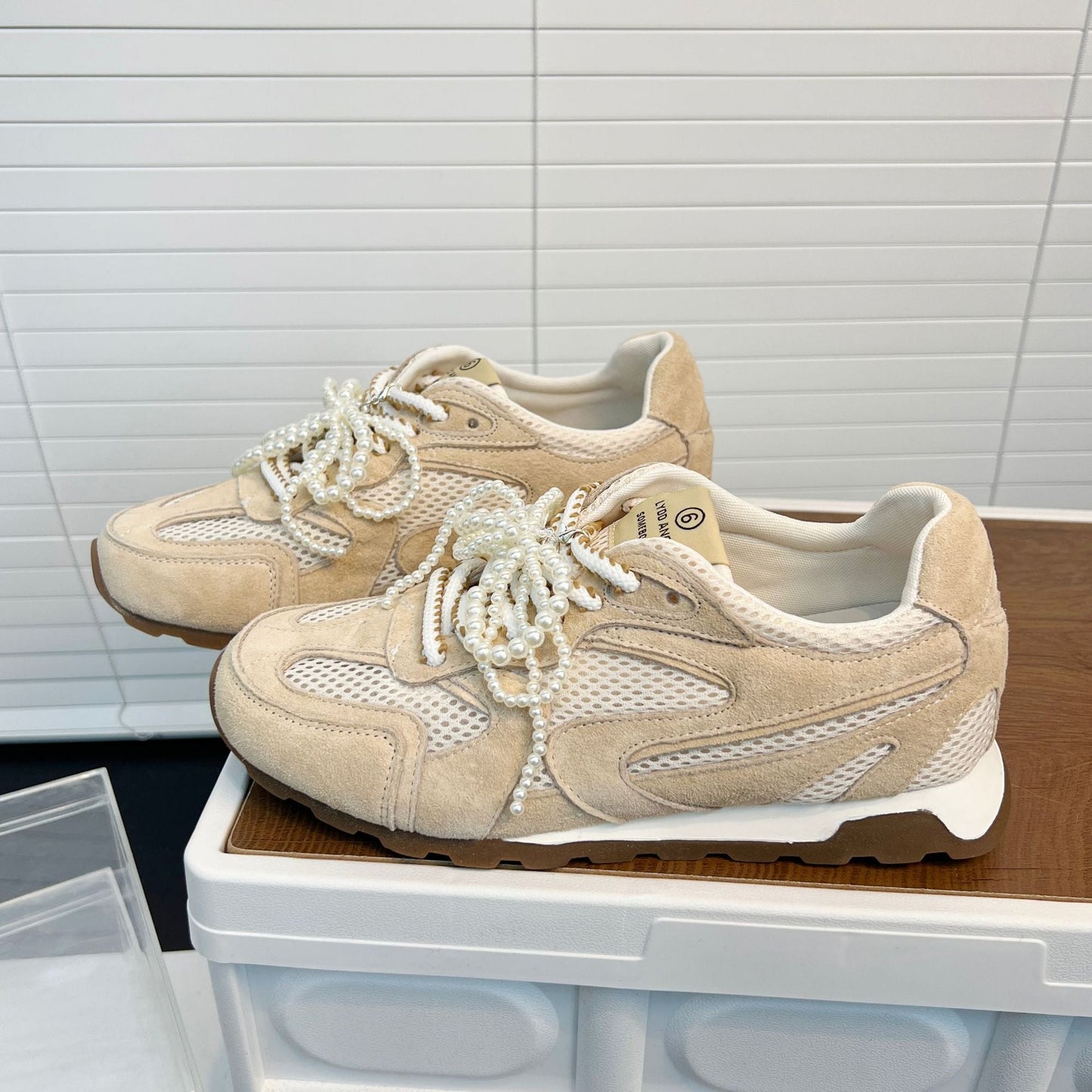 Damen Sneaker Komfortabel Mesh Leicht mit Perlen Dekoration
