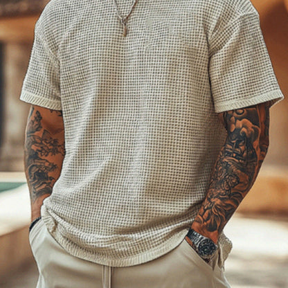 Herren T-Shirt Waffelstrick Rundhals Lässig Casual